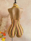 Women Stripe Halter Neck Deep V Hollow Out Knit Romper