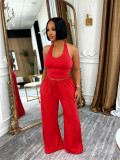 Summer Women Casual Street Halter Top & High Waist Wide Leg Pants Set