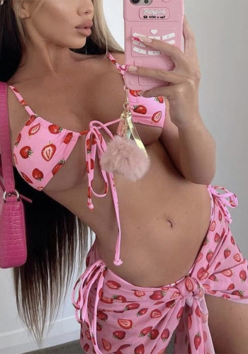 Women Mesh Drawstring Lace-Up Bikini Swimsuit Three-Piece
