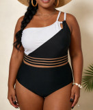 Plus Size Women Two-Piece Slash Shoulder Color Block Hollow Out Bikini Swimsuit