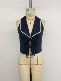 Women Chic Fitted Lace Turndown Collar Hollow Out Sleeveless Vest Shirt