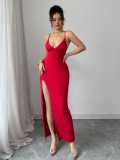 Spring Women Sexy V-Neck Strap Slit Dress Elegant High Waist Long Dress