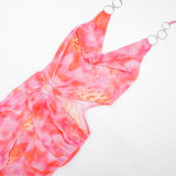 Summer Women Sexy Metallic Halter Neck Pink Printed Low Back Jumpsuit