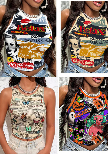 Women Summer Printed Letter Print Sleeveless T-Shirt