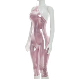 Women Shiny Slash Shoulder Sexy Low Back Tight Fitting Capri Jumpsuit