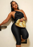 Women Shiny Slash Shoulder Sexy Low Back Tight Fitting Capri Jumpsuit