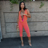 Women Fitted Cowl Neck Halter Neck Low Back Top Tight Fitting Capri Pants Two-Tone Set