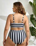Plus Size Women Mesh Strapless Three-Piece Striped High Waist Bikini Swimsuit