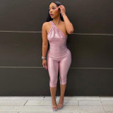 Women Shiny Slash Shoulder Sexy Low Back Tight Fitting Capri Jumpsuit