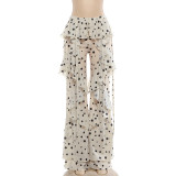 Summer Women Polka Dot Printed Lace-Up Patchwork Ruffled Bell Bottom Pants