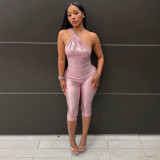 Women Shiny Slash Shoulder Sexy Low Back Tight Fitting Capri Jumpsuit