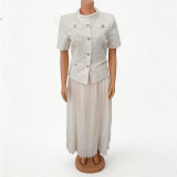 Summer Women Short Sleeve Blazer & Pleated Skirt Set Casual Coat Office Formal Wear