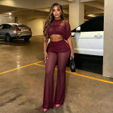Women Solid Color Mesh Patchwork See-Through Crop Top Bell Bottom Pants Two-Piece Set