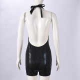Women Faux Leather Halter Neck Low Back Sexy Hollow Out Tight Fitting Jumpsuit
