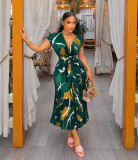Summer Women Printed Pleated Midi Dress Slim Waist V-Neck Loose Casual Dress