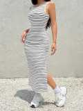 Women Striped Slit Dress Sexy Ribbed Knit Maxi Dress Holiday Style