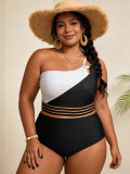Plus Size Women Two-Piece Slash Shoulder Color Block Hollow Out Bikini Swimsuit