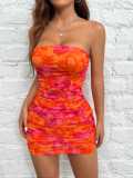 Women Sleeveless Strapless Floral Ruffled Tight Fitting Mini Bodycon Dress