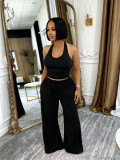 Summer Women Casual Street Halter Top & High Waist Wide Leg Pants Set