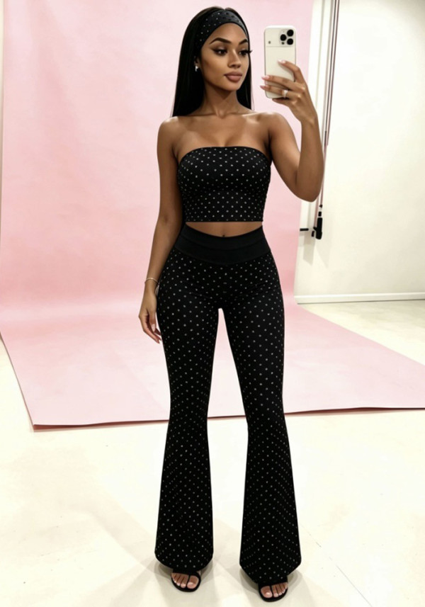 Women Polka Dot Strapless Top and Bell Bottom Pant Three-Piece Set (Includes Headscarf)