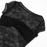 Spring Summer Women Sexy Lace Patchwork Ruched Skirt Set