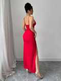 Spring Women Sexy V-Neck Strap Slit Dress Elegant High Waist Long Dress