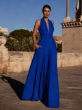Spring Women's Sleeveless Halter Neck Solid Color V-Neck Wide Leg Jumpsuit