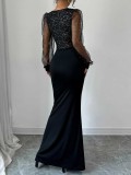 Spring & Autumn Women Elegant Sexy V-Neck High Waist Fitted Sequin Patchwork Elastic Knit Long Dress
