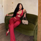 Summer Women Solid Color Slash Shoulder Hollow Out Open Waist Jumpsuit
