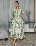 Spring & Autumn Women Printed Turndown Collar Short Sleeve Slim Waist Casual Long Shirt Dress（Processing time need 3-6 days）
