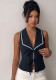 Women Chic Fitted Lace Turndown Collar Hollow Out Sleeveless Vest Shirt