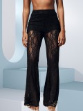 Spring & Summer Women Black Lace See-Through High Waist Bell Bottom Wide Leg Beach Pants Holiday Style