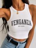 Women Casual Black and White Letter Print Ribbed Top