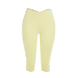 Women Solid Color V-Neck Ruffled Short Sleeve Top Tight Fitting Capri Pants Two-Piece Set