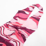 Women Deep V Printed Halter Neck Tight Fitting Capri Jumpsuit Two-Piece Set
