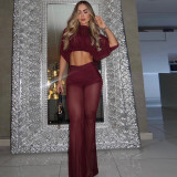 Women Solid Color Mesh Patchwork See-Through Crop Top Bell Bottom Pants Two-Piece Set