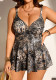 Plus Size Women Animal Print Deep V Dress Two-Piece Swimsuit With Inner Triangle Bottom