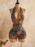 Women Stripe Halter Neck Deep V Hollow Out Knit Romper