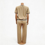 Summer Women Short Sleeve Round Neck Letter Embroidered Color Block Casual Tracksuit Two-Piece Set