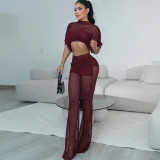 Women Solid Color Mesh Patchwork See-Through Crop Top Bell Bottom Pants Two-Piece Set