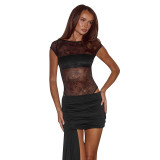 Spring Summer Women Sexy Lace Patchwork Ruched Skirt Set