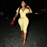 Women Solid Color V-Neck Ruffled Short Sleeve Top Tight Fitting Capri Pants Two-Piece Set