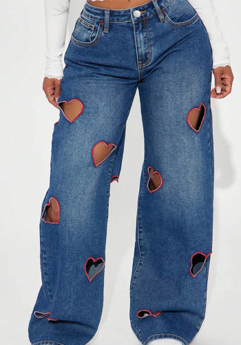 Women Denim American Style Hollow-out Heart Print Embroidered Wide-leg Pants