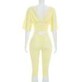 Women Solid Color V-Neck Ruffled Short Sleeve Top Tight Fitting Capri Pants Two-Piece Set