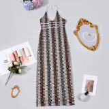Women Color Block Patchwork Sexy Hollow Out Stretch Fitted Halter Neck Bodycon Dress