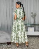 Spring & Autumn Women Printed Turndown Collar Short Sleeve Slim Waist Casual Long Shirt Dress（Processing time need 3-6 days）