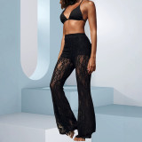 Women Lace See-Through High Waist Bell Bottom Wide Leg Pants Holiday Style Long Pants