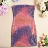 Women Color Block Tie-Dye Sequin Low Back Strapless Evening Party Dress