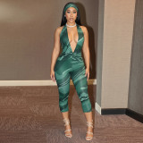 Women Deep V Printed Halter Neck Tight Fitting Capri Jumpsuit Two-Piece Set