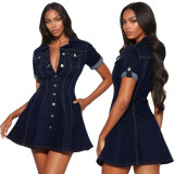Women Casual Turndown Collar Denim Dress